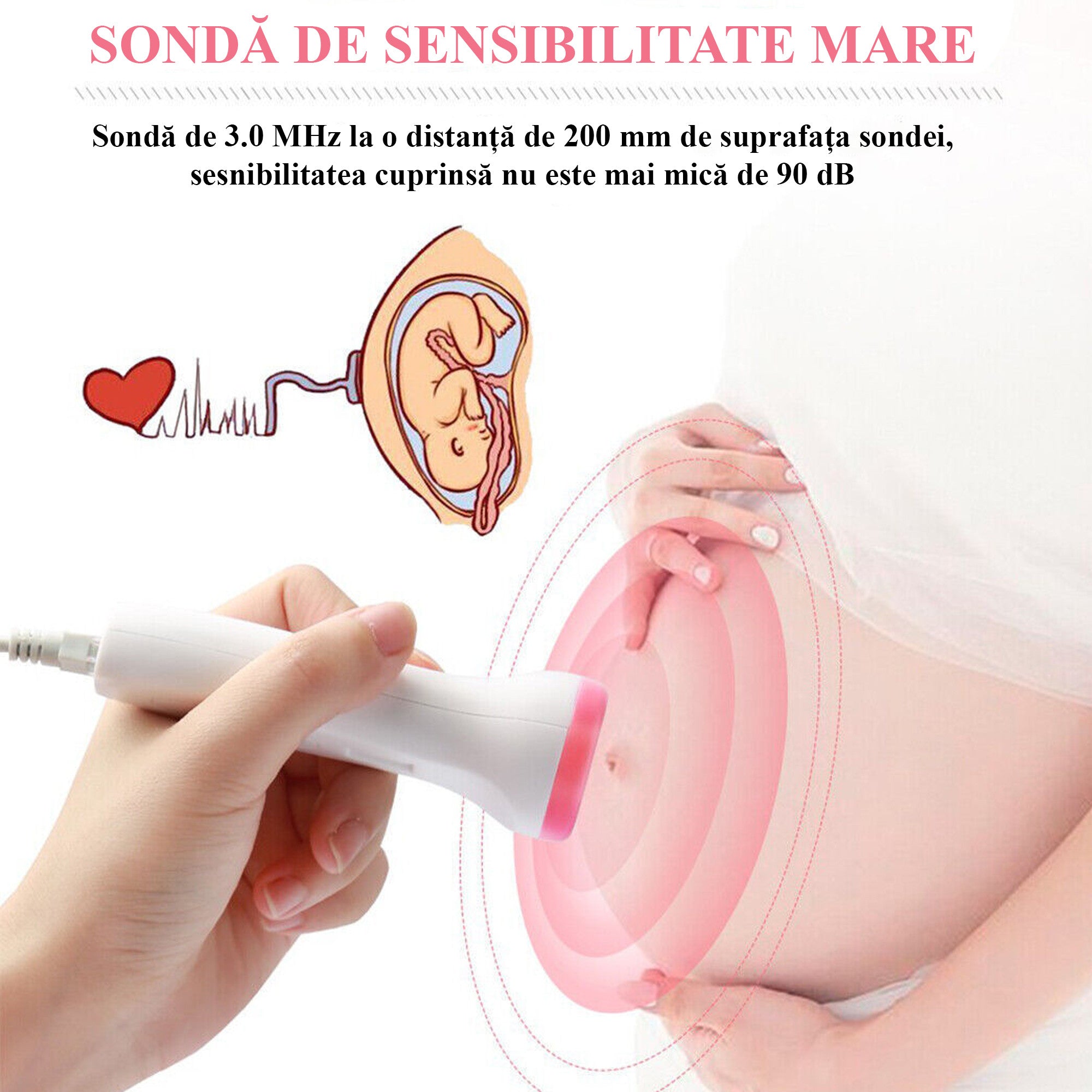 Monitor fetal Doppler, Invincio, pentru monitorizare functii vitale fat intrauterin, gel ultrasunete inclus, Zero radiatii, detectarea batailor inimii/pulsului fatului, pentru gravide, portabil, alb/roz