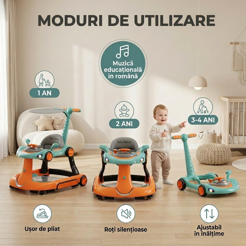 Premergator Invincio Micul Campion Driver, Lumini si 5 Melodii educationale in Limba Romana, multifunctional, antemergator, umbrar si maner control parental, reglabil pe inaltime, roti cu frana de siguranta, Portocaliu Turcoaz