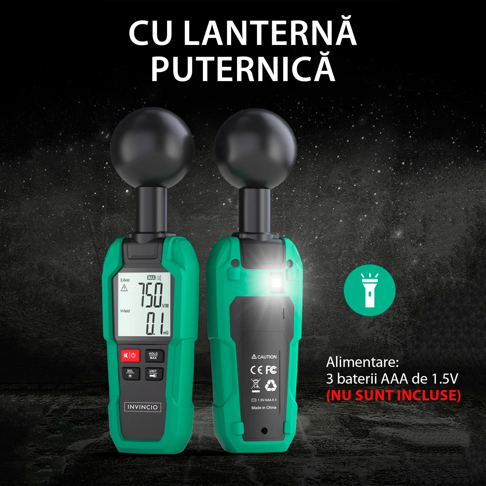 Detector Radiatii Electro-magnetice Invincio EMF, Digital cu Display LCD Iluminat, Detectare Camp Electric, Electromagnetic, mG/µT/(V/M), Temperatura ℃/℉, Functie Memorare Valoare Maxima, Lanterna, Negru