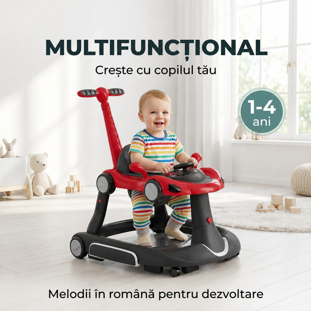 Premergator Invincio Micul Campion Driver, Lumini si 5 Melodii educationale in Limba Romana, multifunctional, antemergator, umbrar si maner control parental, reglabil pe inaltime, roti cu frana de siguranta, Rosu Negru