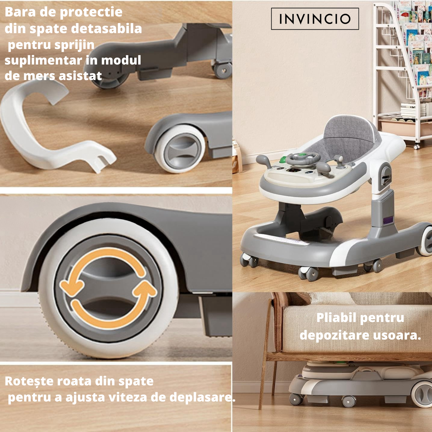Premergator 4 in 1 INVINCIO First Steps, copii 6-24 luni, Jucarii Motricitate Interactive, Mod Antemergator, roti silentioase, sistem anti-rasturnare, pliabil si ajustabil pe inaltime in 4 nivele, greutate maxima 30 kg, gri