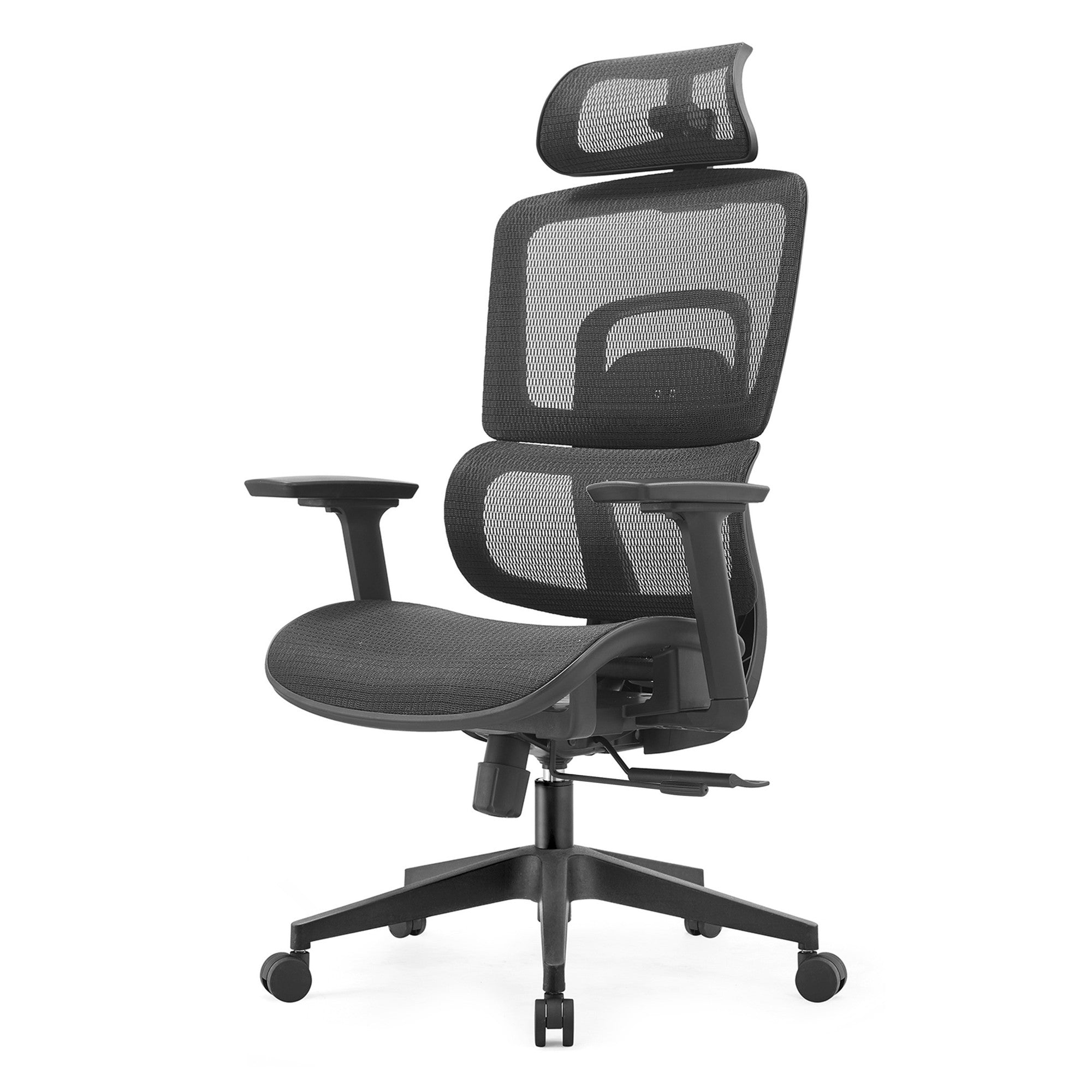 Scaun ergonomic de birou, Invincio Garry-H Full, spatar inalt din mesh, tetiera si suport lombar reglabil, cotiere reglabile pe inaltime, sezut culisant din spuma, mecanism balans cu 3 pozitii de blocare, baza nylon 340mm si roti 55mm, negru