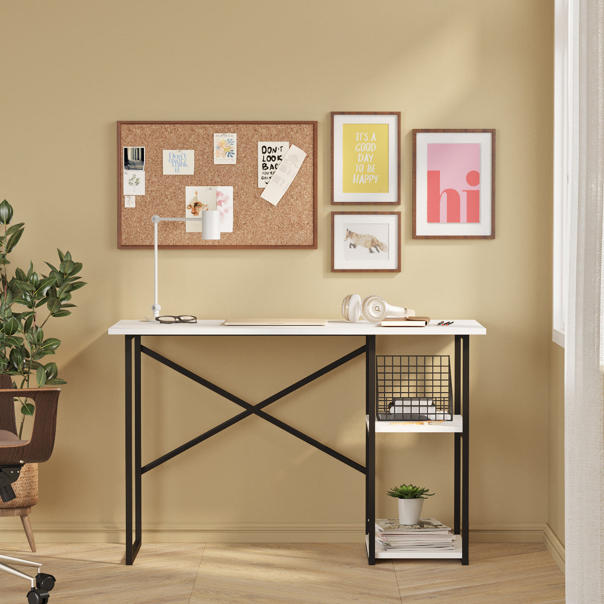 Birou de Calculator Bezubi Vienna, Design Modern, 2 Rafturi Laterale pentru Depozitare, Blat cu Finisaj Stejar, Cadru Metalic Negru, Compact si Robust, Dimensiuni 120x60x76 cm, Usor de Asamblat, alb