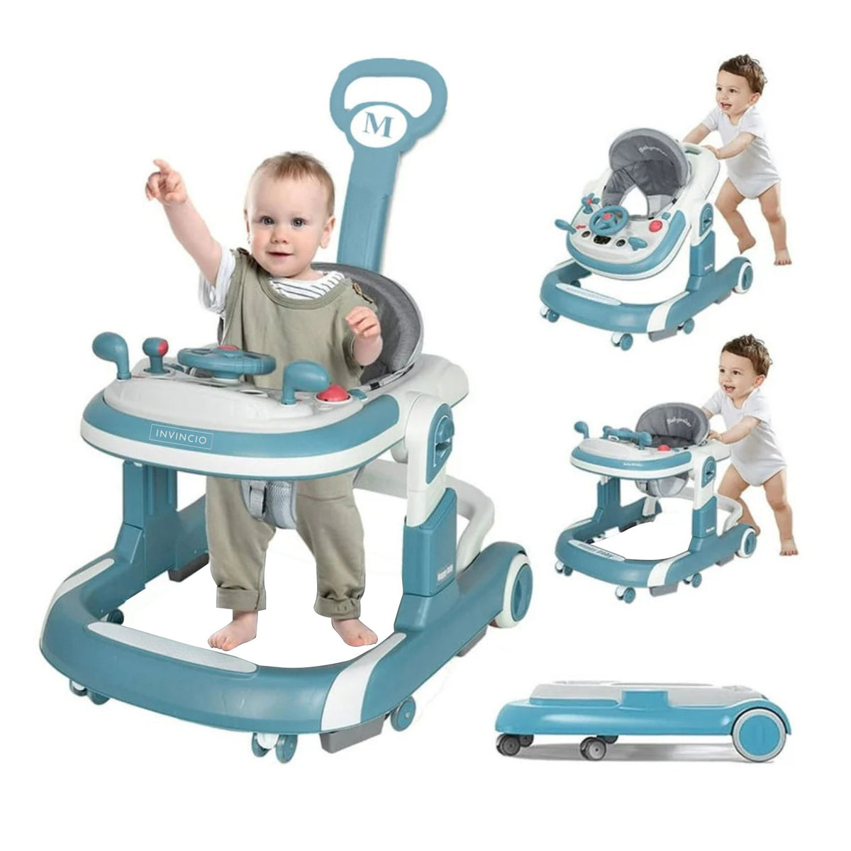 Premergator 4 in 1 INVINCIO First Steps, copii 6-24luni, Jucarii Motricitate Interactive, Mod Antemergator, roti silentioase, sistem anti-rasturnare, pliabil si ajustabil pe inaltime in 4 nivele, greutate maxima 30 kg, albastru