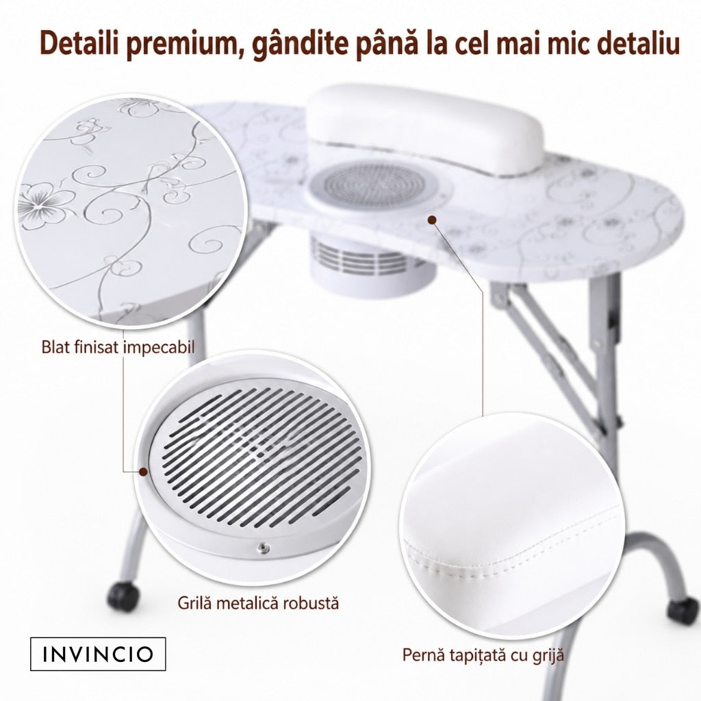 Masa pliabila pentru manichiura INVINCIO Practic Style, aspirator praf de unghii de mare putere vortex, perna incheieturi inclusa, roti deplasare, blat spatios usor de curatat, portabila si pliabila, alba
