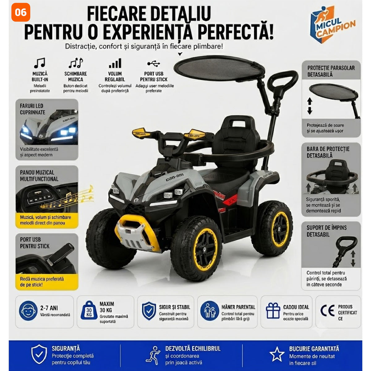 ATV de impins pentru copii Invincio Micul Campion OffRoad 2 in 1, 2-7 ani, maner parental, bara protectie si parasolar detasabile, Faruri functionale, panou muzical USB, suport picioare, max. 30 kg, Alb