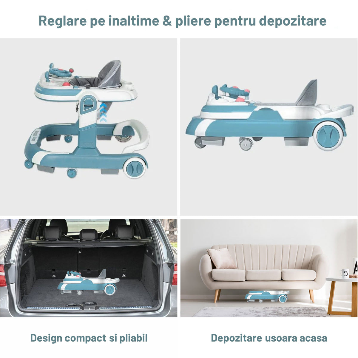 Premergator 4 in 1 INVINCIO First Steps, copii 6-24luni, Jucarii Motricitate Interactive, Mod Antemergator, roti silentioase, sistem anti-rasturnare, pliabil si ajustabil pe inaltime in 4 nivele, greutate maxima 30 kg, albastru