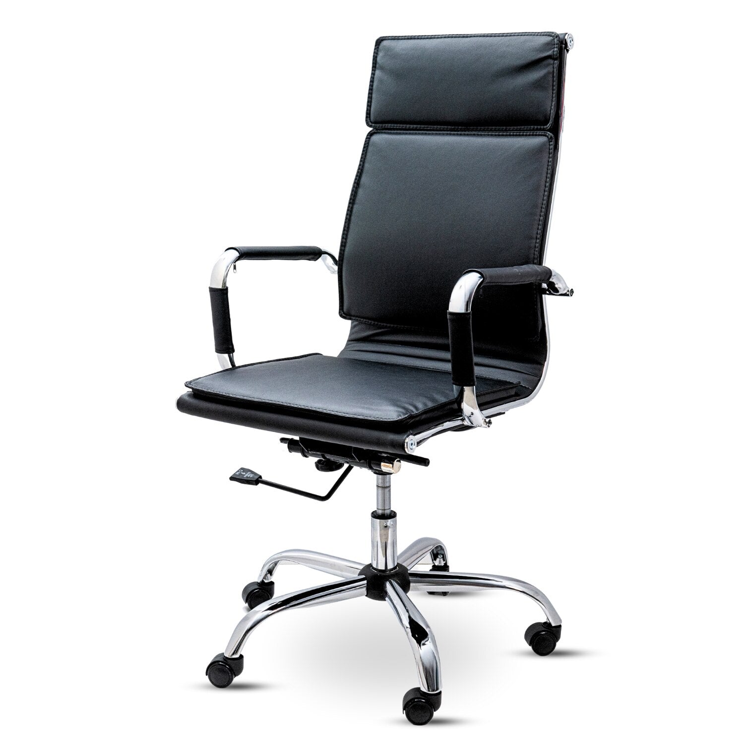 Scaun de birou Bezubi Manager, confortabil, pivotant, ergonomic cu spatar inalt, reglabil pe inaltime si inclinare, tapitat piele ecologica premium, suport pentru brate, cadru cromat, roti silentioase, negru