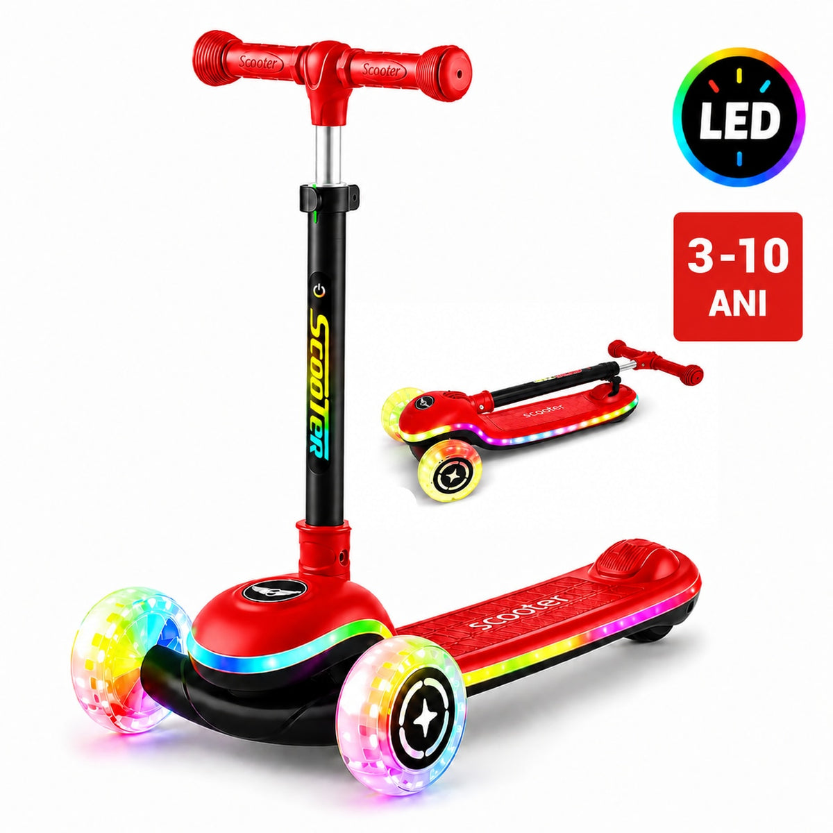 Trotineta Copii 3 Roti Invincio® Happy, Editie cu Lumini LED Complete (Roti/Platforma/Tija), Control Intuitiv prin Inclinare, Materiale Premium Durabile, 3-10 Ani, Rosu Vibrant