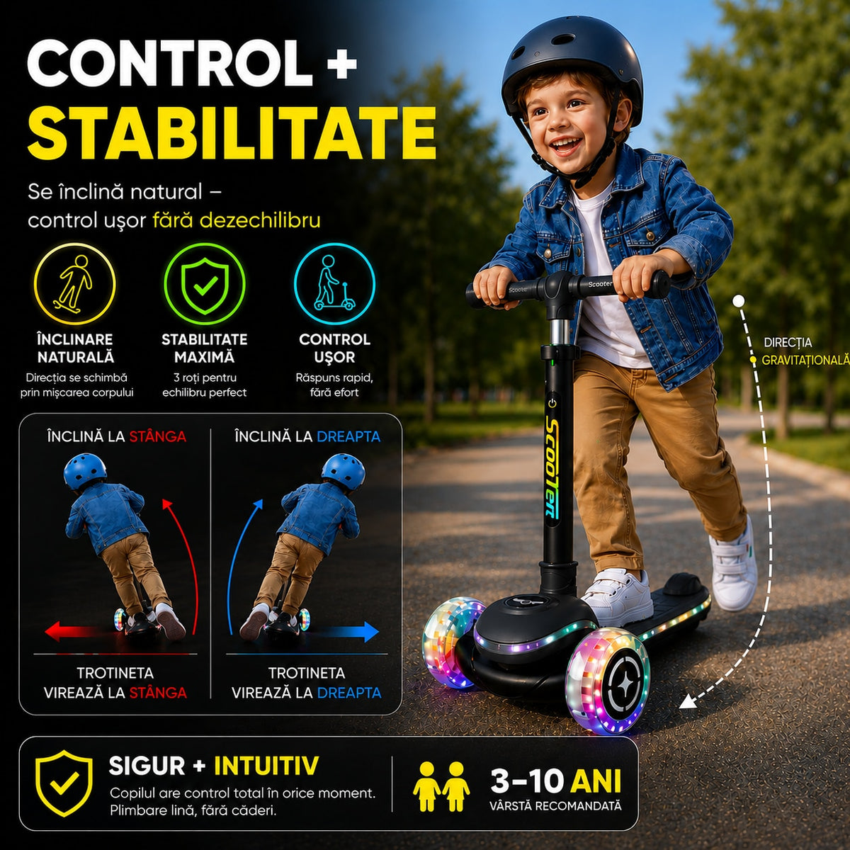 Trotineta Premium 3 Roti Copii Invincio® Happy, Sistem de Iluminat LED Multi-Color, Roti Silentioase cu Rulmenti ABEC-7, Ghidon Reglabil, Design Ergonomic, 3-10 Ani, Negru Carbon