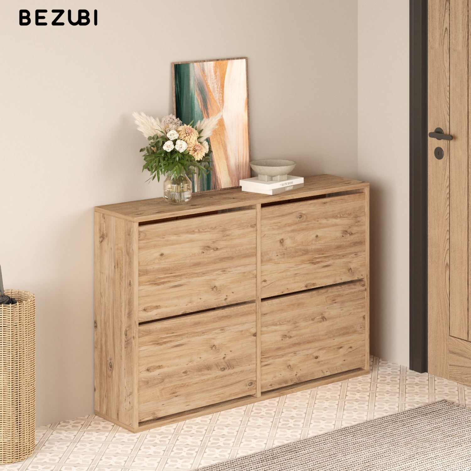 Pantofar cu 4 compartimente, capacitate pana la 16 perechi pantofi, mobilier hol, design slim, organizator pantofi, dimensiuni 117, 5 x 27 x 79 cm, structura rezistenta, aspect modern, maro