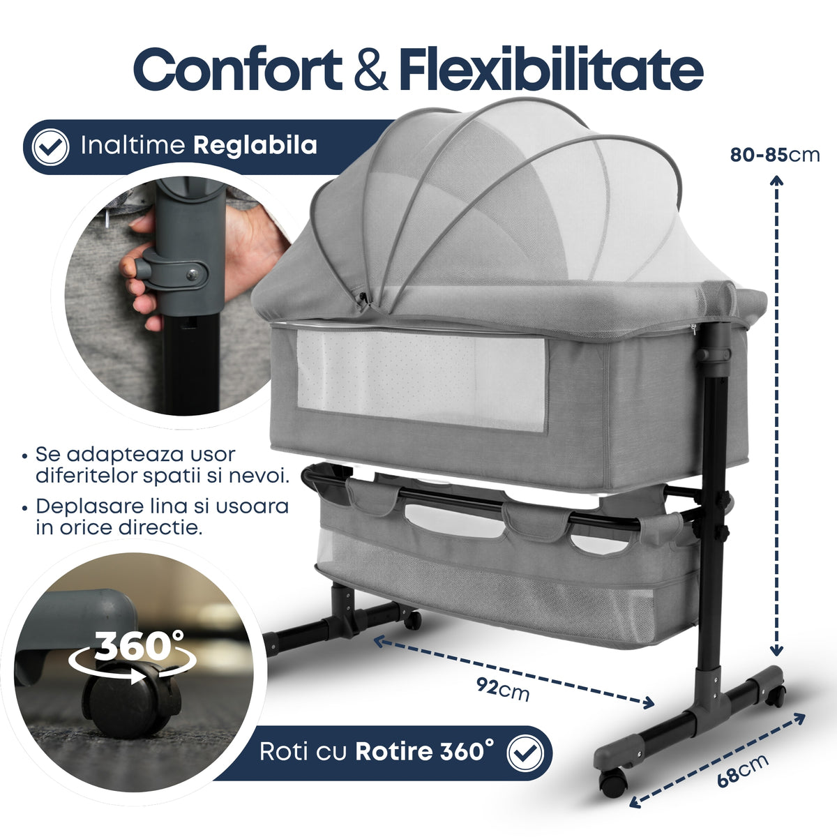 Pat nou-nascut Invincio Dream, Patut bebelus pliabil si portabil, Functie Co-Sleeper si Leganare, Saltea si plasa anti-tantari incluse, Inaltime Reglabila 2 Pozitii si inclinare anti-reflux, Cos Depozitare, Roti cu Blocare, 95×60×80cm, Pana la 15kg, Gri