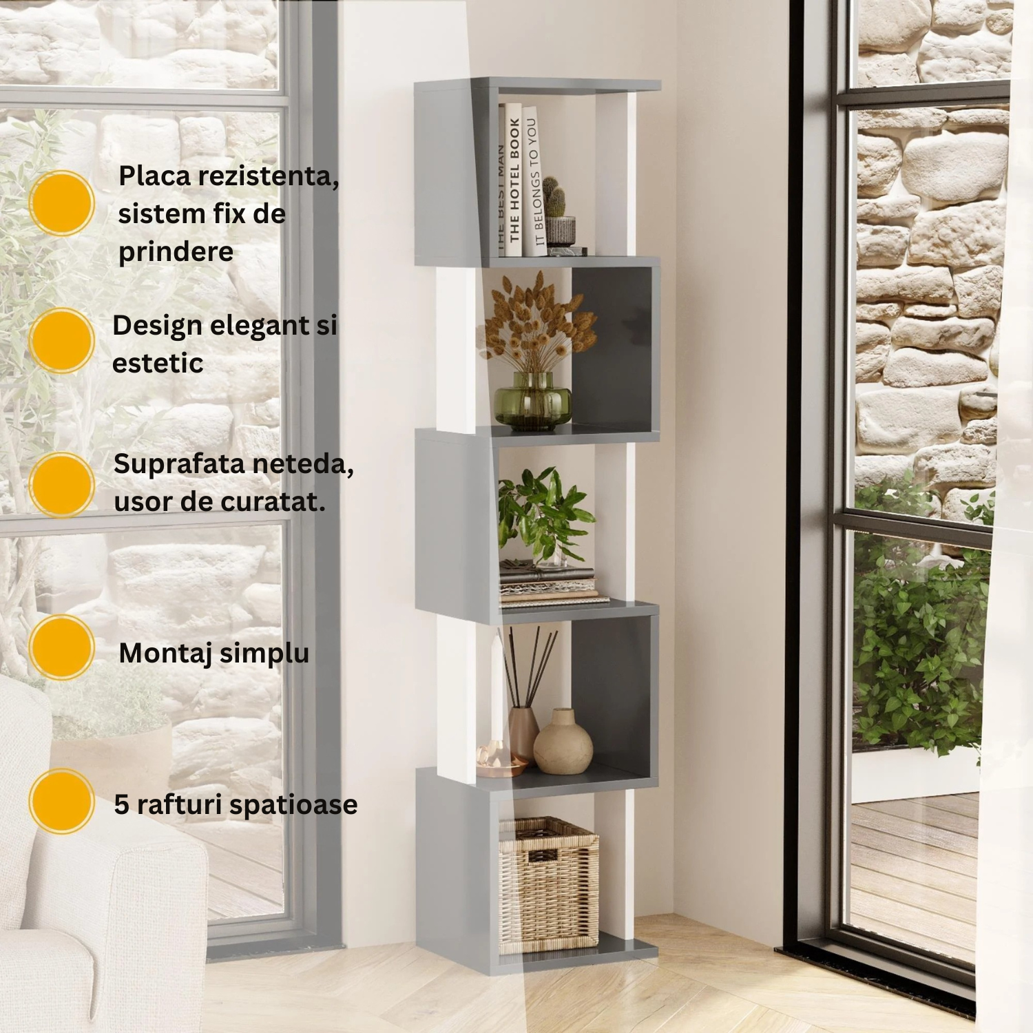 Biblioteca Bezubi Milano, verticala moderna cu 5 rafturi tip cub, dimensiuni 160 x 30 x 35 cm, structura robusta, stil minimalist pentru living sau birou, alb