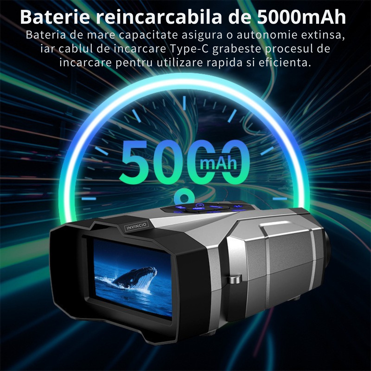 Binoclu cu vedere nocturna, Invincio Explorer, 4K, Zoom 16x, autonomie +12H 5000mAh, ecran color HD 4.5”, mod zi/noapte, inregistrare video 4K cu sunet, card 32GB inclus, 9 nivele infrarosu, rezistent la apa, negru