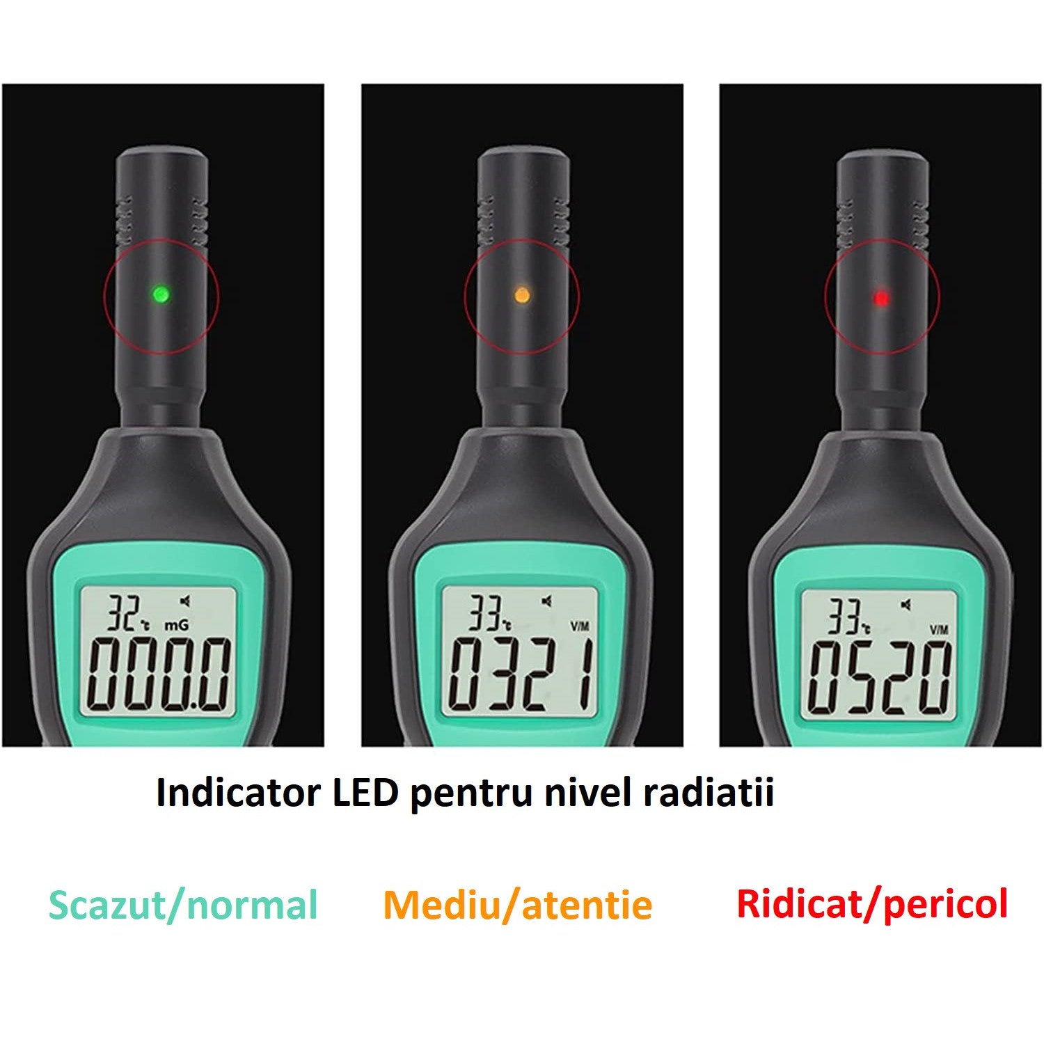 Detector radiatii electro-magnetice Invincio, detectie mG/µT/(V/M), display LCD iluminat, masoara si temperatura ℃/℉, functie memorare valoare maxima, lanterna, culoare verde