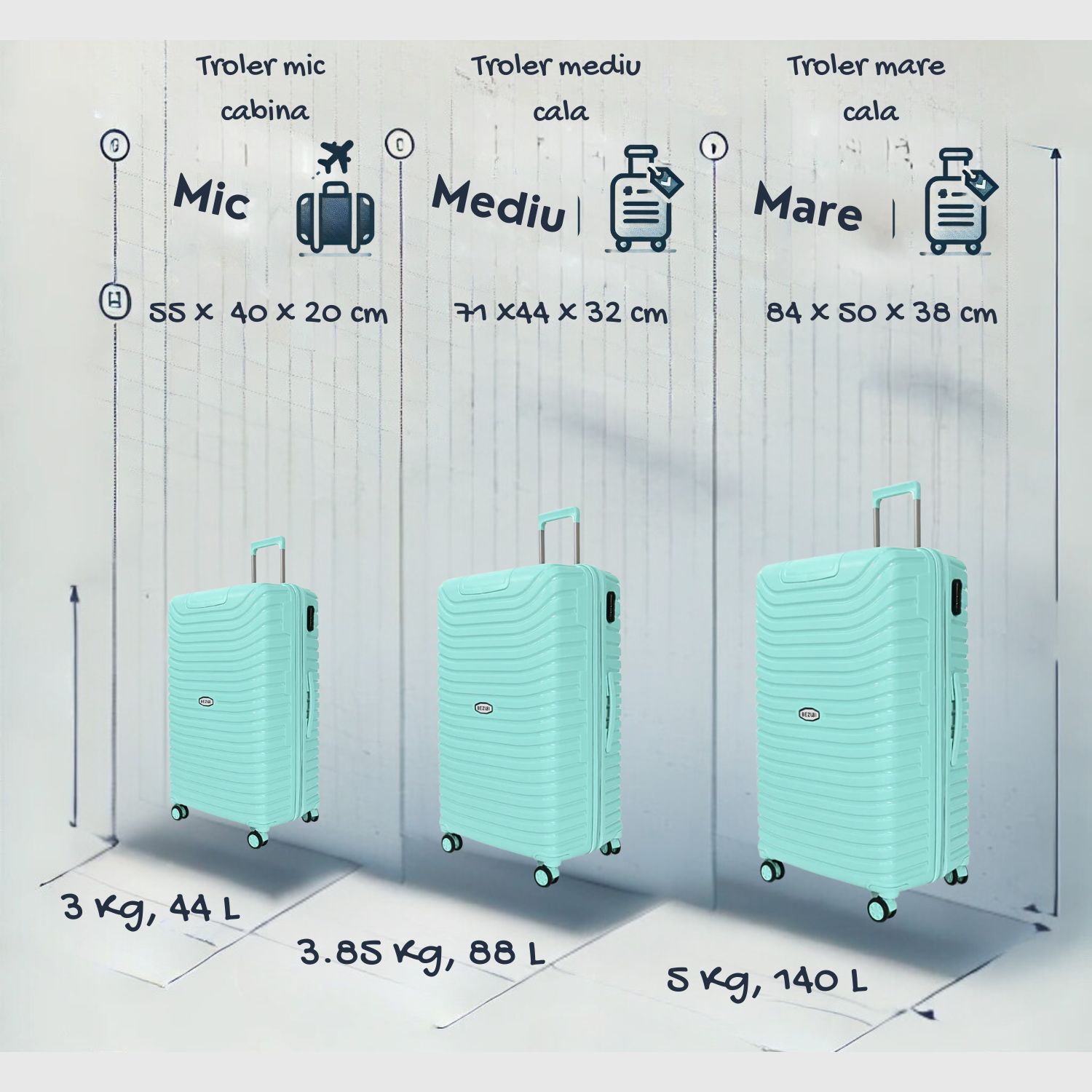 Set complet 3 trolere pentru vacanta, Turcoaz