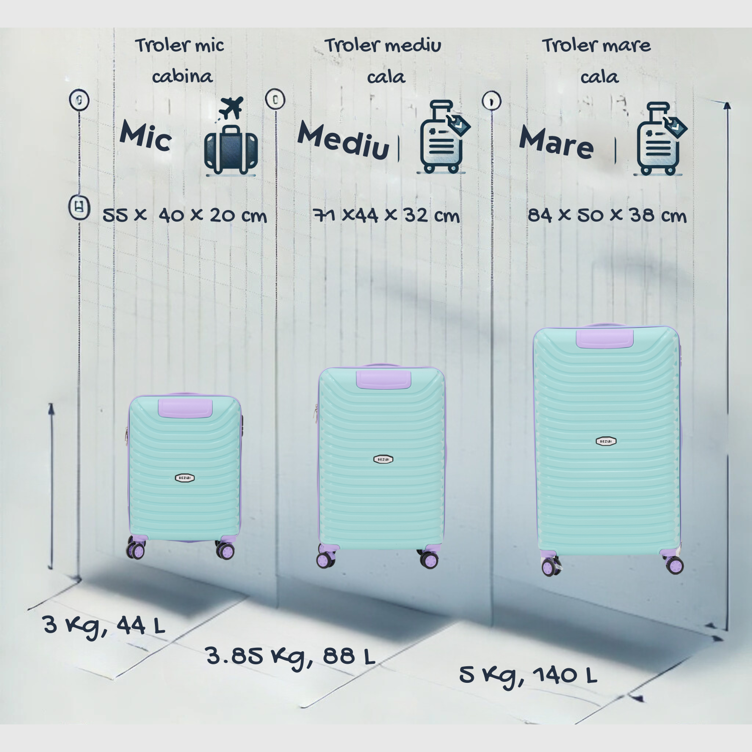 Set complet 3 trolere pentru vacanta, Turcoaz Mov