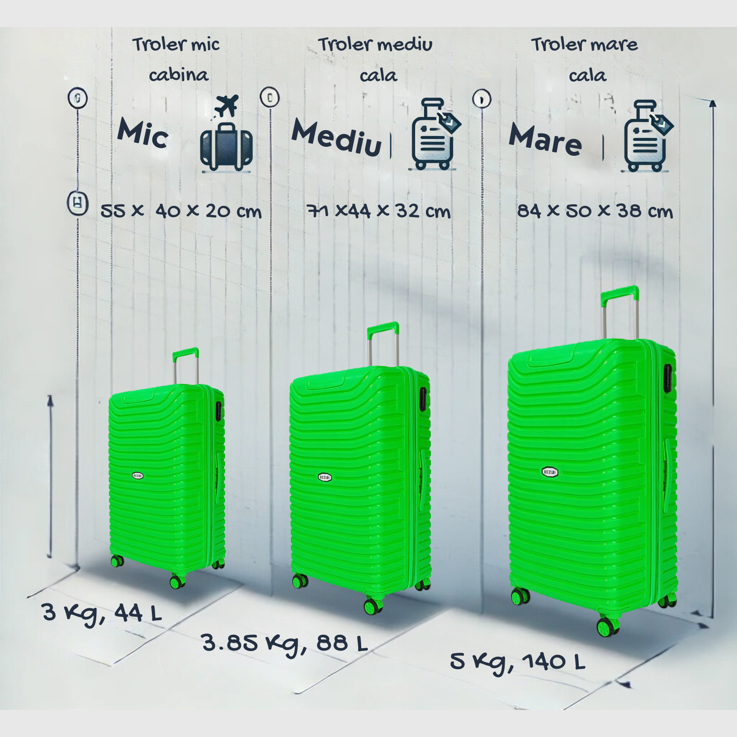 Set complet 3 trolere pentru vacanta, Verde