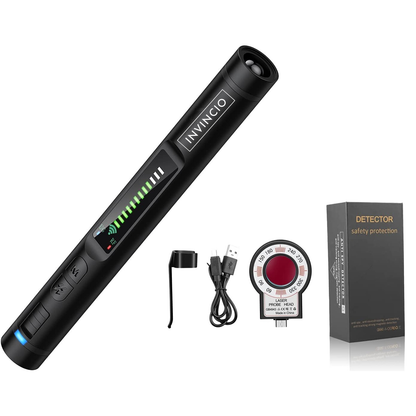 Detector camere si microfoane spion, Invincio, portabil, 12 nivele detectie cu indicator LED si sonor, detecteaza localizatoare GPS/GSM si reportofoane si alte surse ascunse, frecvente 100 micro HZ-8GHZ, lungime 13 cm, negru mat