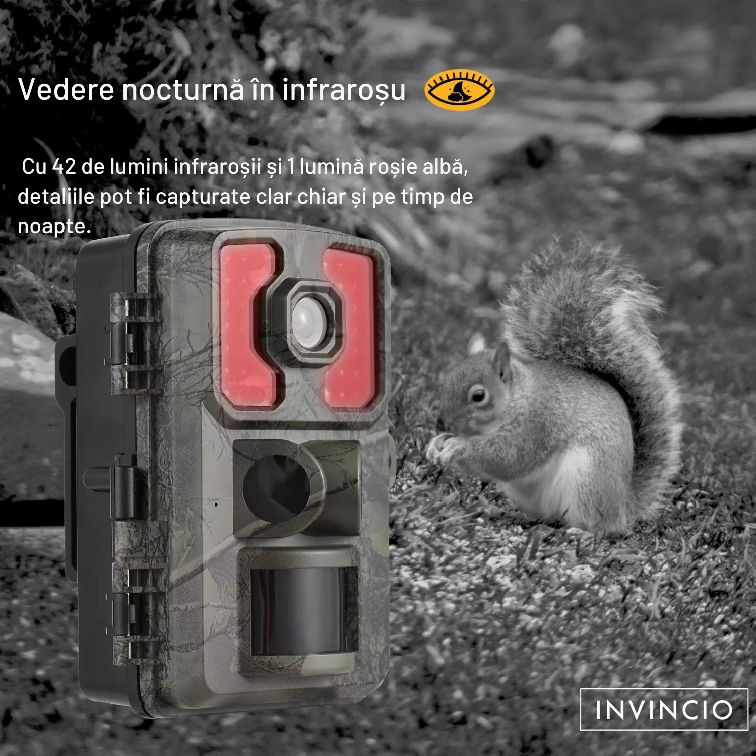 Camera de vanatoare, Invincio Hunter Trail 4K, cu senzor miscare, vedere nocturna IR, rezistent la apa, ecran 2.0 inch, detectie 10m, inregistrare video si foto simultan, alimentare baterii AA, ideala pentru observare fauna sau securitate, camuflaj