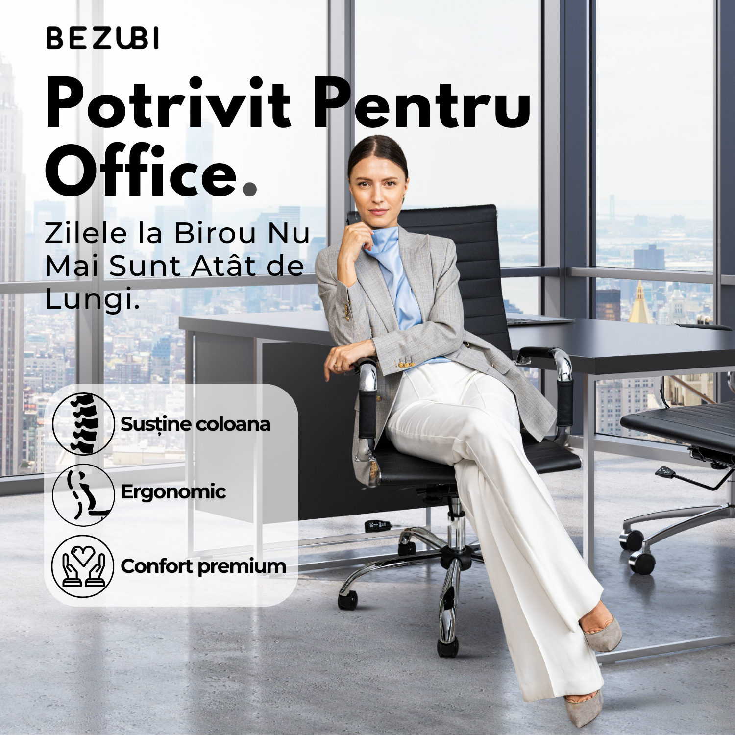 Scaun de birou Bezubi Executive, confortabil, pivotant, ergonomic cu spatar inalt, reglabil pe inaltime si inclinare, tapitat piele ecologica premium, suport pentru brate, cadru cromat, roti silentioase, negru