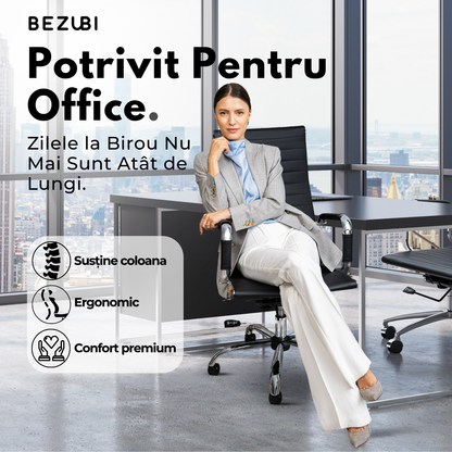 Scaun de birou Bezubi Executive, confortabil, pivotant, ergonomic cu spatar inalt, reglabil pe inaltime si inclinare, tapitat piele ecologica premium, suport pentru brate, cadru cromat, roti silentioase, negru