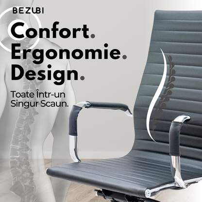 Scaun de birou Bezubi Executive, confortabil, pivotant, ergonomic cu spatar inalt, reglabil pe inaltime si inclinare, tapitat piele ecologica premium, suport pentru brate, cadru cromat, roti silentioase, negru