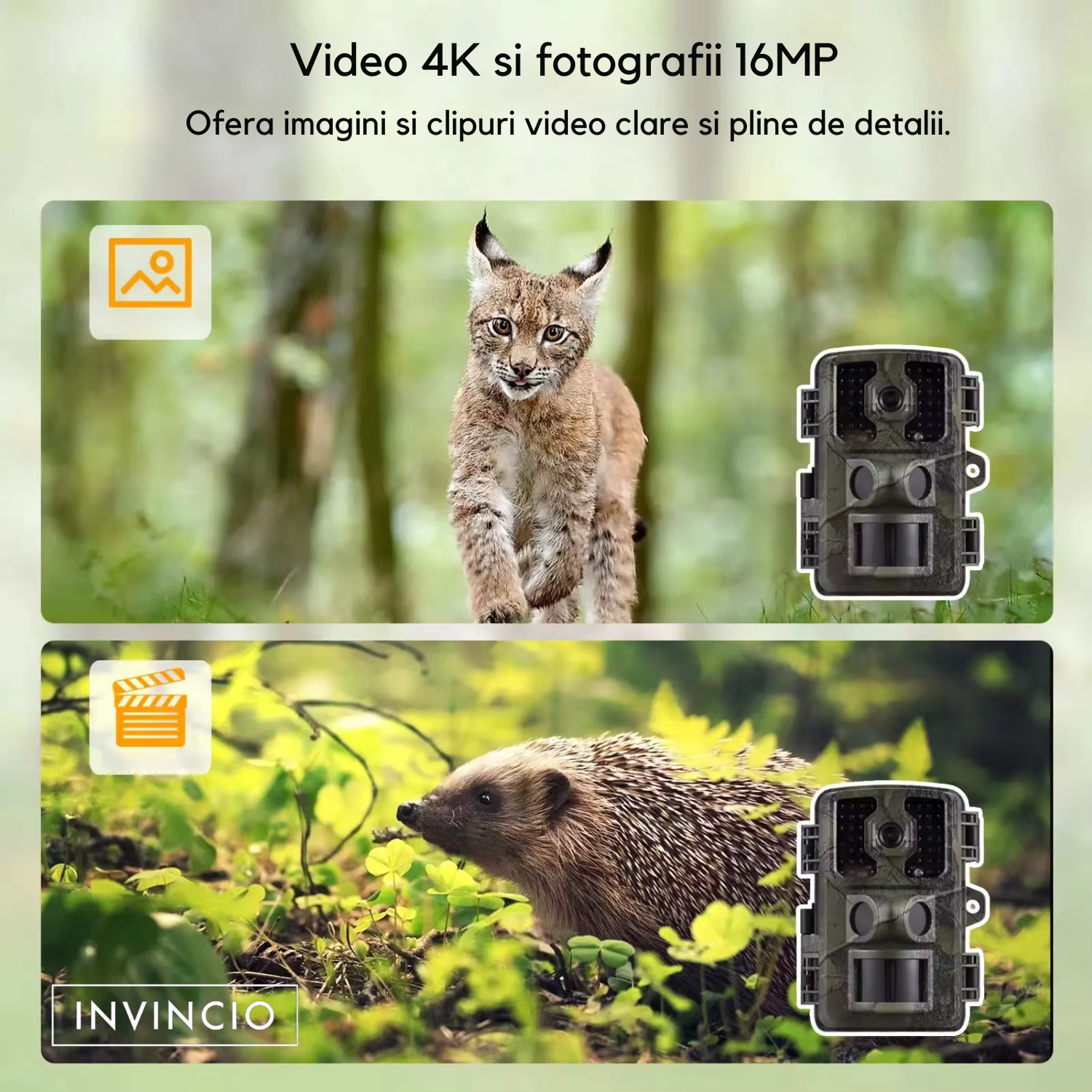 Camera de vanatoare, Invincio Hunter Trail 4K, cu senzor miscare, vedere nocturna IR, rezistent la apa, ecran 2.0 inch, detectie 10m, inregistrare video si foto simultan, alimentare baterii AA, ideala pentru observare fauna sau securitate, camuflaj