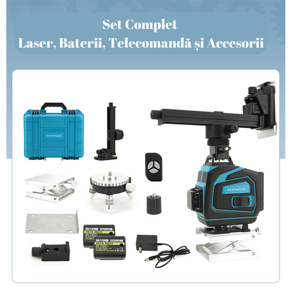 Nivela cu laser verde, 12 linii, orizontal, vertical, perimetral, prindere magnetica, uz interior si exterior, auto-nivelare, rotire 360 grade, Telecomanda, 2 acumulatori de schimb