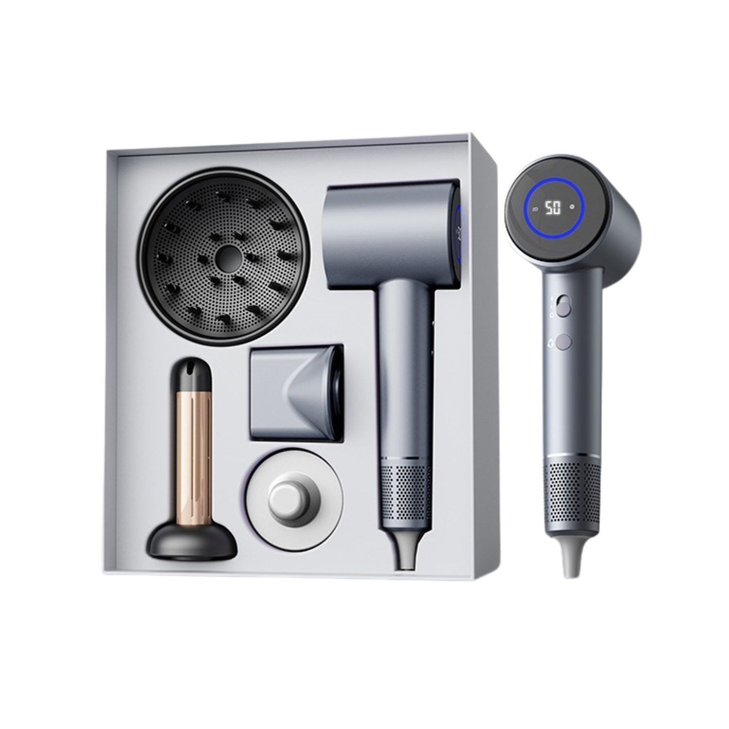 Set Uscator de par profesional, feon, Invincio Ionic 2, motor durabil, 110.000 RPM, flux aer 21m/s, 200 milioane ioni negativi, 5 trepte temperatura, 2 viteze, difuzor si concentrator magnetic, gri