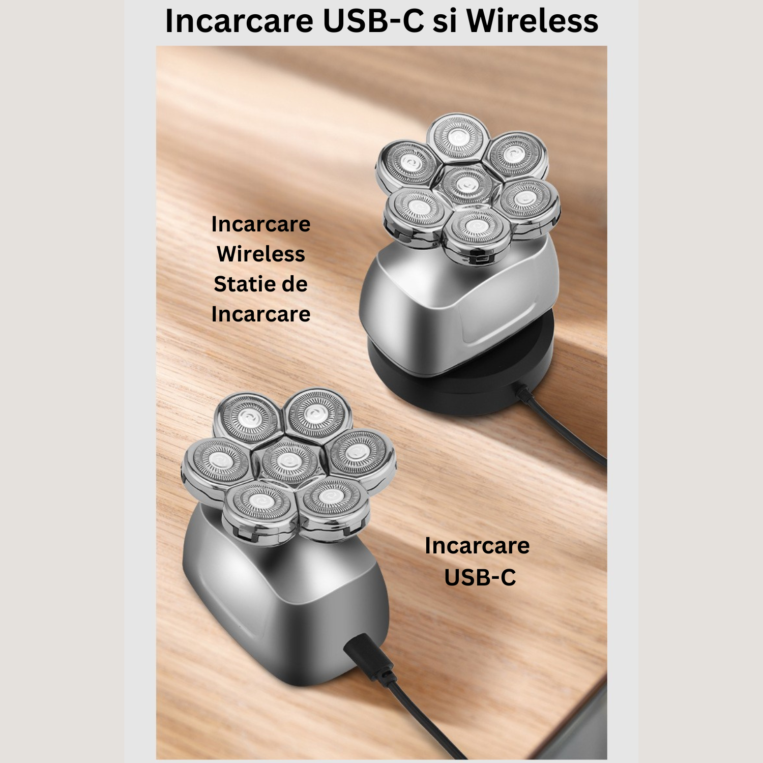 Aparat de ras electric 6 in 1, Invincio Edge 2, capete multiple pentru ras, lame duble 7D, 5 accesorii, rezistent la apa, incarcare duala USB-C si wireless, autonomie 60 min, motor silentios, cap lavabil, culoare argint