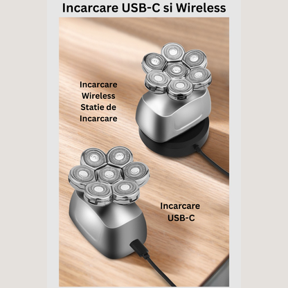 Aparat de ras electric 6 in 1, Invincio Edge 2, capete multiple pentru ras, lame duble 7D, 5 accesorii, rezistent la apa, incarcare duala USB-C si wireless, autonomie 60 min, motor silentios, cap lavabil, culoare argint