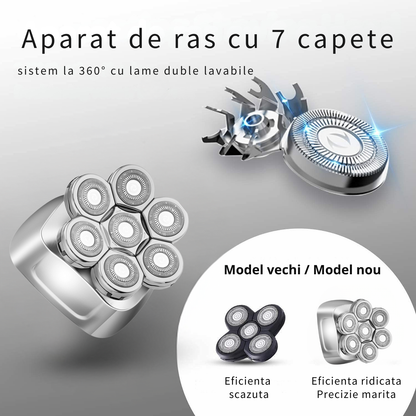 Aparat de ras electric 6 in 1, Invincio Edge 2, capete multiple pentru ras, lame duble 7D, 5 accesorii, rezistent la apa, incarcare duala USB-C si wireless, autonomie 60 min, motor silentios, cap lavabil, culoare argint