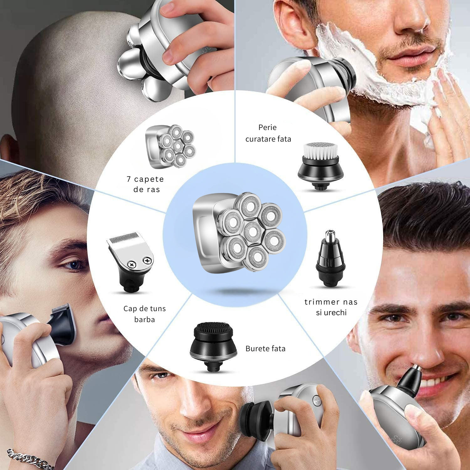 Aparat de ras electric 6 in 1, Invincio Edge 2, capete multiple pentru ras, lame duble 7D, 5 accesorii, rezistent la apa, incarcare duala USB-C si wireless, autonomie 60 min, motor silentios, cap lavabil, culoare argint