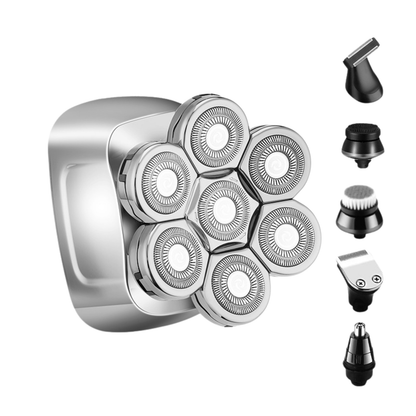 Aparat de ras electric 6 in 1, Invincio Edge 2, capete multiple pentru ras, lame duble 7D, 5 accesorii, rezistent la apa, incarcare duala USB-C si wireless, autonomie 60 min, motor silentios, cap lavabil, culoare argint