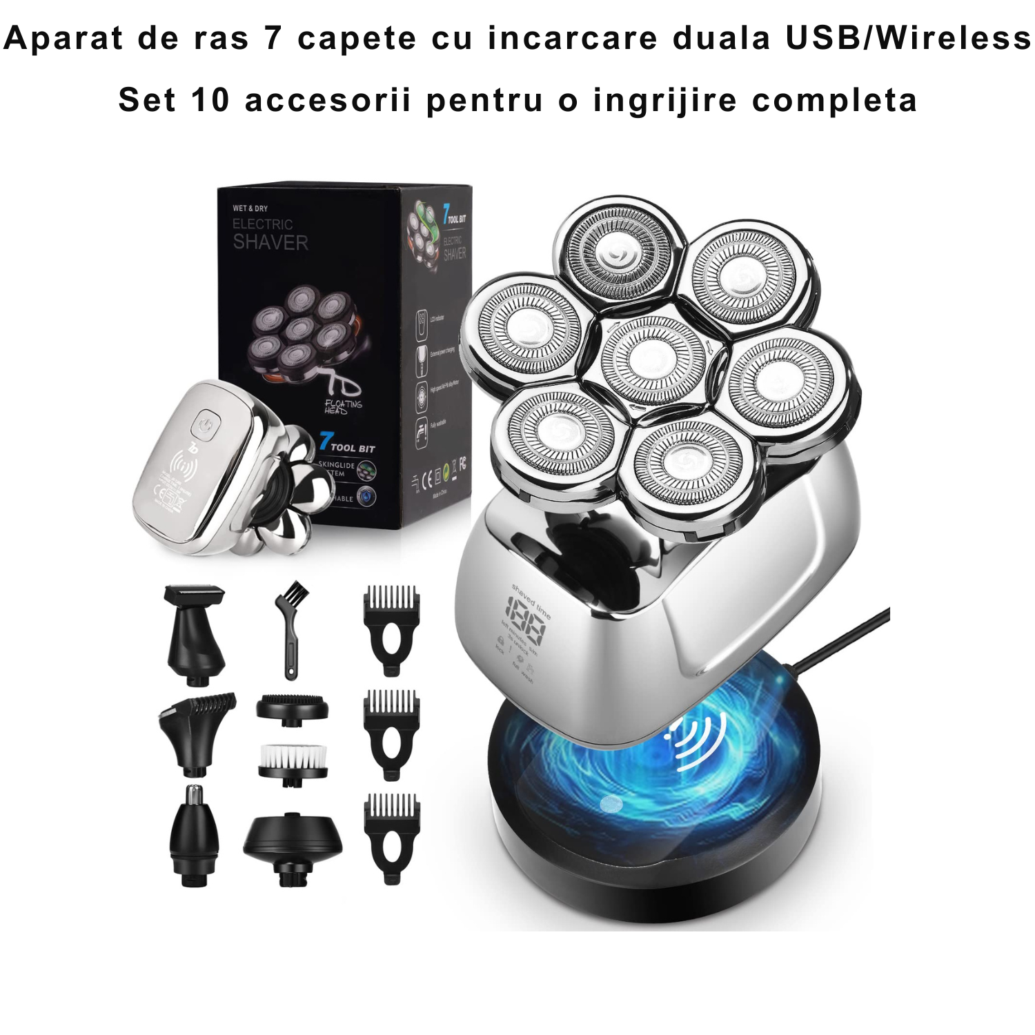 Aparat de ras electric 6 in 1, Invincio Edge 2, capete multiple pentru ras, lame duble 7D, 5 accesorii, rezistent la apa, incarcare duala USB-C si wireless, autonomie 60 min, motor silentios, cap lavabil, culoare argint