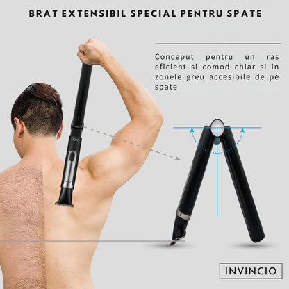 Set de Tuns si Barberit 6 in 1 pentru Barbati Invincio Razer, Electric, Maner Extensibil Spate, 2 Viteze, 5 Capete, 3 Piepteni Ghidaj, Reincarcabil, Rezistent la Apa, Ideal pentru Corp, Barba, Nas si Urechi, Negru