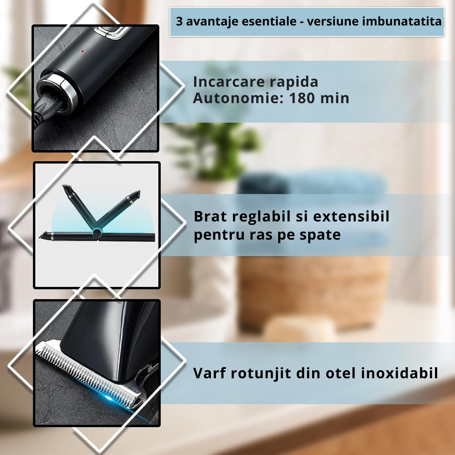 Set de Tuns si Barberit 6 in 1 pentru Barbati Invincio Razer, Electric, Maner Extensibil Spate, 2 Viteze, 5 Capete, 3 Piepteni Ghidaj, Reincarcabil, Rezistent la Apa, Ideal pentru Corp, Barba, Nas si Urechi, Negru