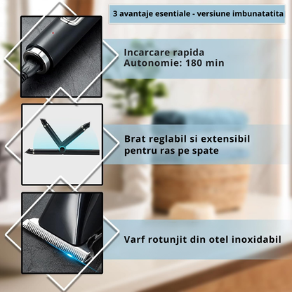Set de Tuns si Barberit 6 in 1 pentru Barbati Invincio Razer, Electric, Maner Extensibil Spate, 2 Viteze, 5 Capete, 3 Piepteni Ghidaj, Reincarcabil, Rezistent la Apa, Ideal pentru Corp, Barba, Nas si Urechi, Negru
