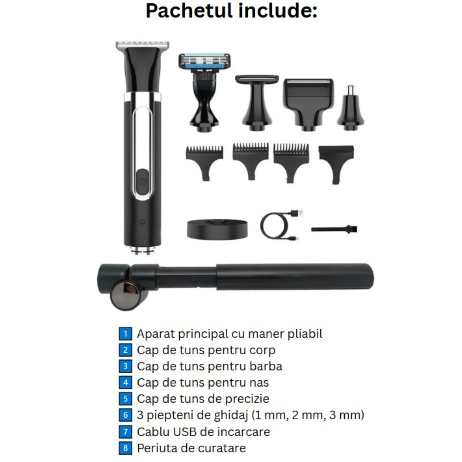 Set de Tuns si Barberit 6 in 1 pentru Barbati Invincio Razer, Electric, Maner Extensibil Spate, 2 Viteze, 5 Capete, 3 Piepteni Ghidaj, Reincarcabil, Rezistent la Apa, Ideal pentru Corp, Barba, Nas si Urechi, Negru