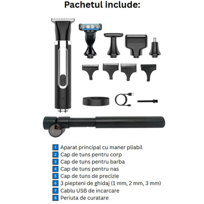 Set de Tuns si Barberit 6 in 1 pentru Barbati Invincio Razer, Electric, Maner Extensibil Spate, 2 Viteze, 5 Capete, 3 Piepteni Ghidaj, Reincarcabil, Rezistent la Apa, Ideal pentru Corp, Barba, Nas si Urechi, Negru