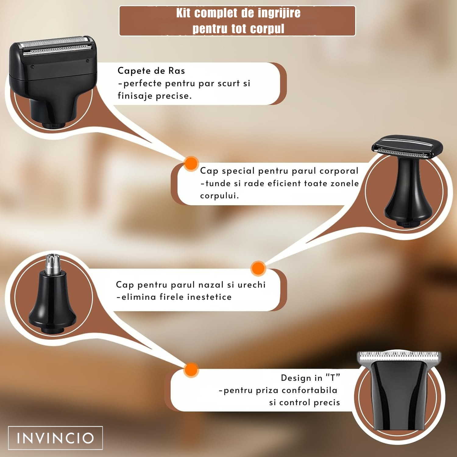 Set de Tuns si Barberit 6 in 1 pentru Barbati Invincio Razer, Electric, Maner Extensibil Spate, 2 Viteze, 5 Capete, 3 Piepteni Ghidaj, Reincarcabil, Rezistent la Apa, Ideal pentru Corp, Barba, Nas si Urechi, Negru