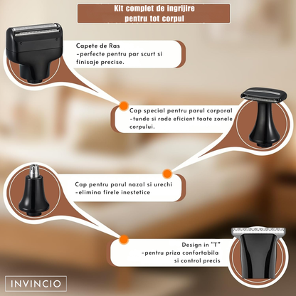 Set de Tuns si Barberit 6 in 1 pentru Barbati Invincio Razer, Electric, Maner Extensibil Spate, 2 Viteze, 5 Capete, 3 Piepteni Ghidaj, Reincarcabil, Rezistent la Apa, Ideal pentru Corp, Barba, Nas si Urechi, Negru