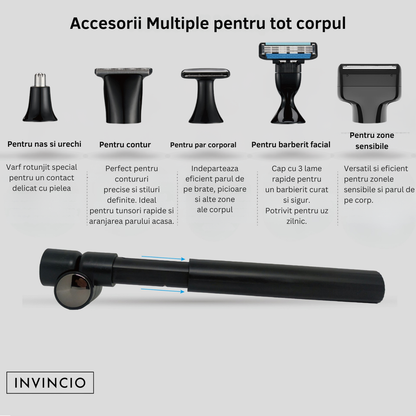 Set de Tuns si Barberit 6 in 1 pentru Barbati Invincio Razer, Electric, Maner Extensibil Spate, 2 Viteze, 5 Capete, 3 Piepteni Ghidaj, Reincarcabil, Rezistent la Apa, Ideal pentru Corp, Barba, Nas si Urechi, Negru