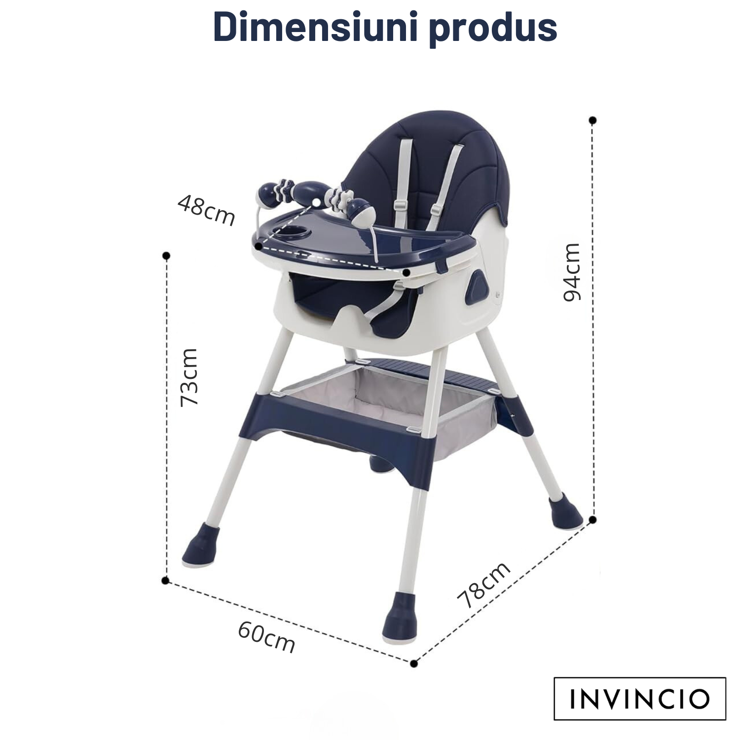 Scaun de masa pentru copii Invincio Care, varsta 6-72 luni, reglabil, pliabil, multifunctional si stabil, roti, centura de siguranta 5 Puncte, ajustabil pe inaltime, rezistent la murdarie, cos de depozitare, picioare antiderapante, design modern, Albastru