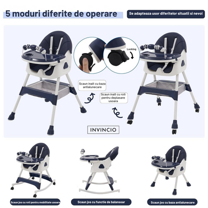 Scaun de masa pentru copii Invincio Care, varsta 6-72 luni, reglabil, pliabil, multifunctional si stabil, roti, centura de siguranta 5 Puncte, ajustabil pe inaltime, rezistent la murdarie, cos de depozitare, picioare antiderapante, design modern, Albastru
