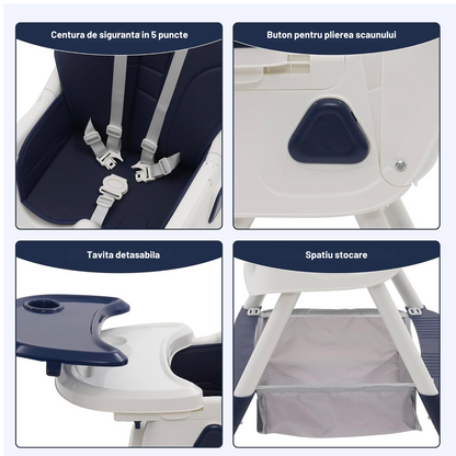 Scaun de masa pentru copii Invincio Care, varsta 6-72 luni, reglabil, pliabil, multifunctional si stabil, roti, centura de siguranta 5 Puncte, ajustabil pe inaltime, rezistent la murdarie, cos de depozitare, picioare antiderapante, design modern, Albastru