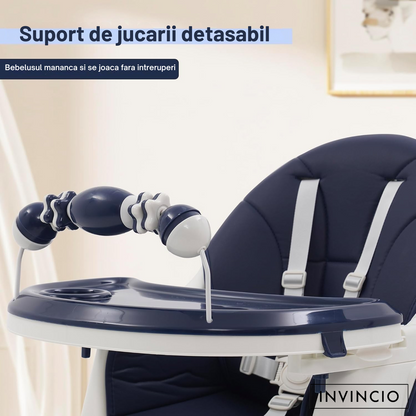 Scaun de masa pentru copii Invincio Care, varsta 6-72 luni, reglabil, pliabil, multifunctional si stabil, roti, centura de siguranta 5 Puncte, ajustabil pe inaltime, rezistent la murdarie, cos de depozitare, picioare antiderapante, design modern, Albastru