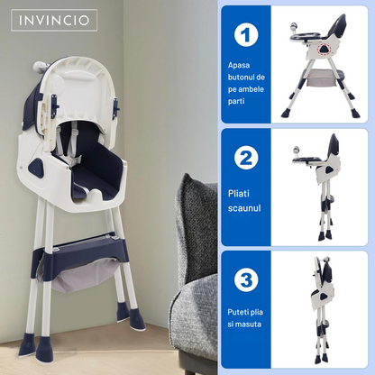 Scaun de masa pentru copii Invincio Care, varsta 6-72 luni, reglabil, pliabil, multifunctional si stabil, roti, centura de siguranta 5 Puncte, ajustabil pe inaltime, rezistent la murdarie, cos de depozitare, picioare antiderapante, design modern, Albastru