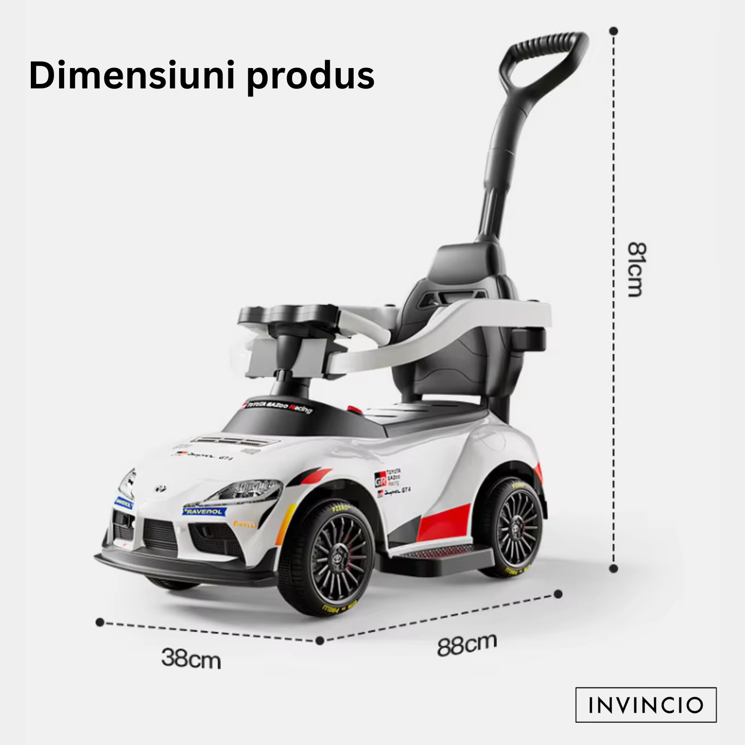 Masinuta 3 in 1, Invincio Toyota Supra pentru Copii 1-3 Ani, Maner detasabil Control Parental, Suport Picioare, Muzica Interactiva, Compartiment Depozitare, Design Sportiv, Alb